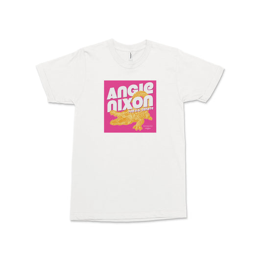 White unisex T-shirt with a bright pink Angie Nixon graphic and yellow Florida Gator illustration on the chest.