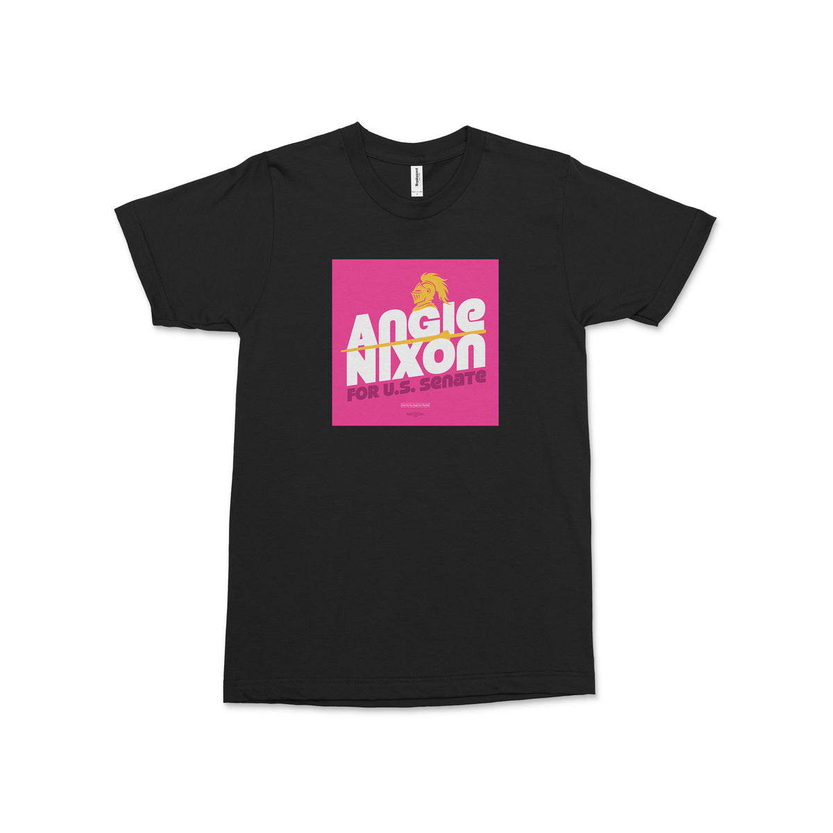 Black unisex crewneck tee featuring a bright pink Angie Nixon for U.S. Senate graphic.
