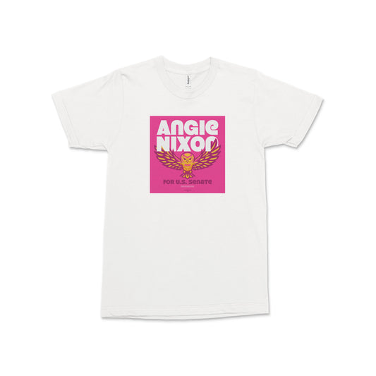 White unisex T-shirt with a bright pink Angie Nixon campaign graphic and soaring owl design on the chest.