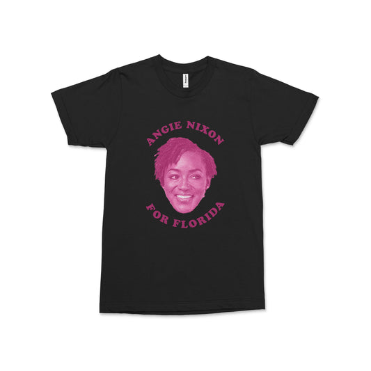 Black crew neck t-shirt with pink graphic of a smiling woman's face and text Angie Nixon for Florida.