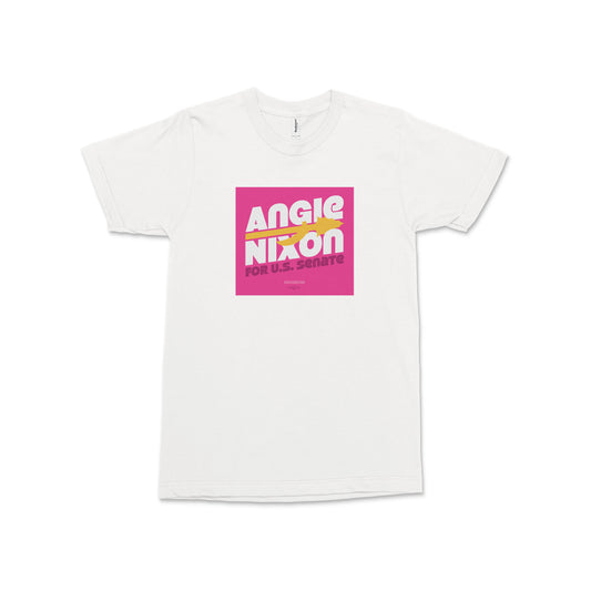 White unisex crew-neck T-shirt with a bright pink square Angie Nixon graphic on the chest.