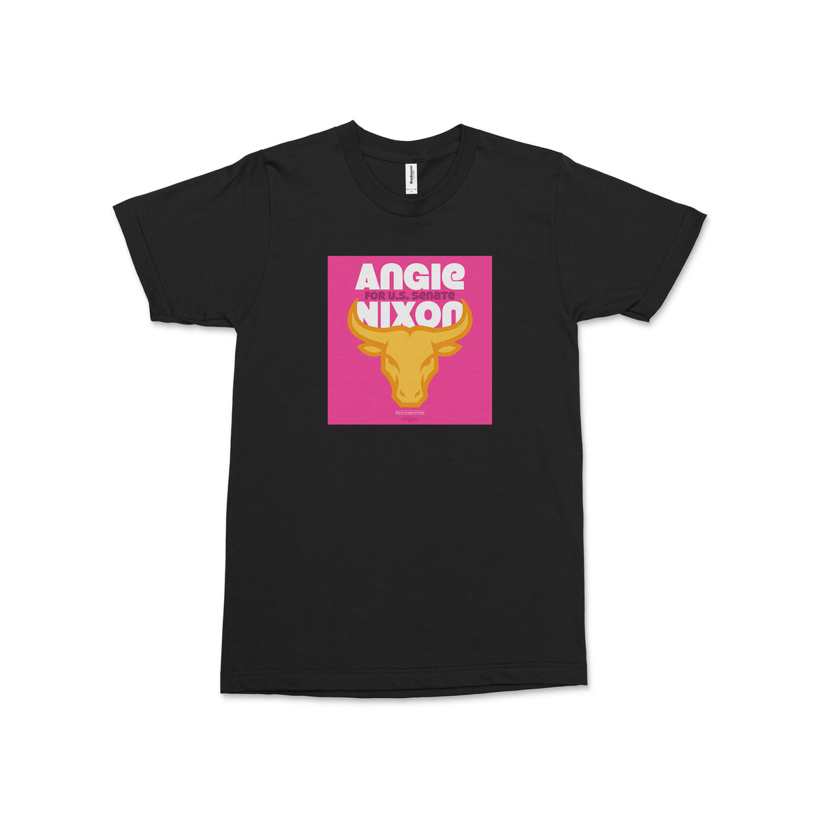 Black unisex T-shirt with a pink and yellow Angie Nixon campaign graphic featuring a Florida Gators bull logo.