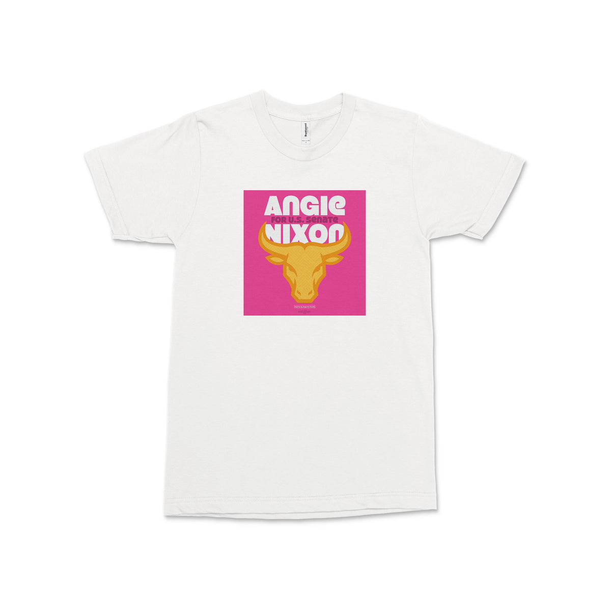 White unisex T-shirt with a pink square graphic featuring yellow Florida Gators artwork and “Angie Nixon” text.