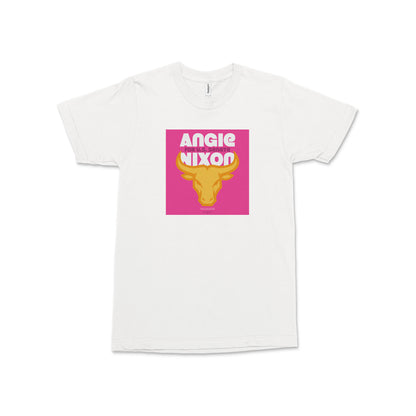 White unisex T-shirt with a pink square graphic featuring yellow Florida Gators artwork and “Angie Nixon” text.