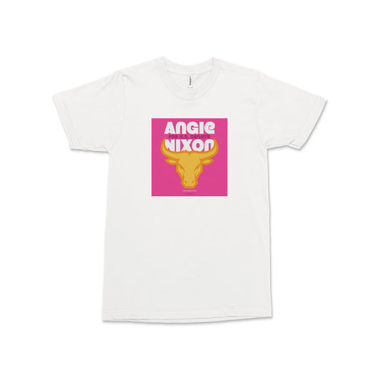 White unisex T-shirt with a pink square graphic featuring yellow Florida Gators artwork and “Angie Nixon” text.