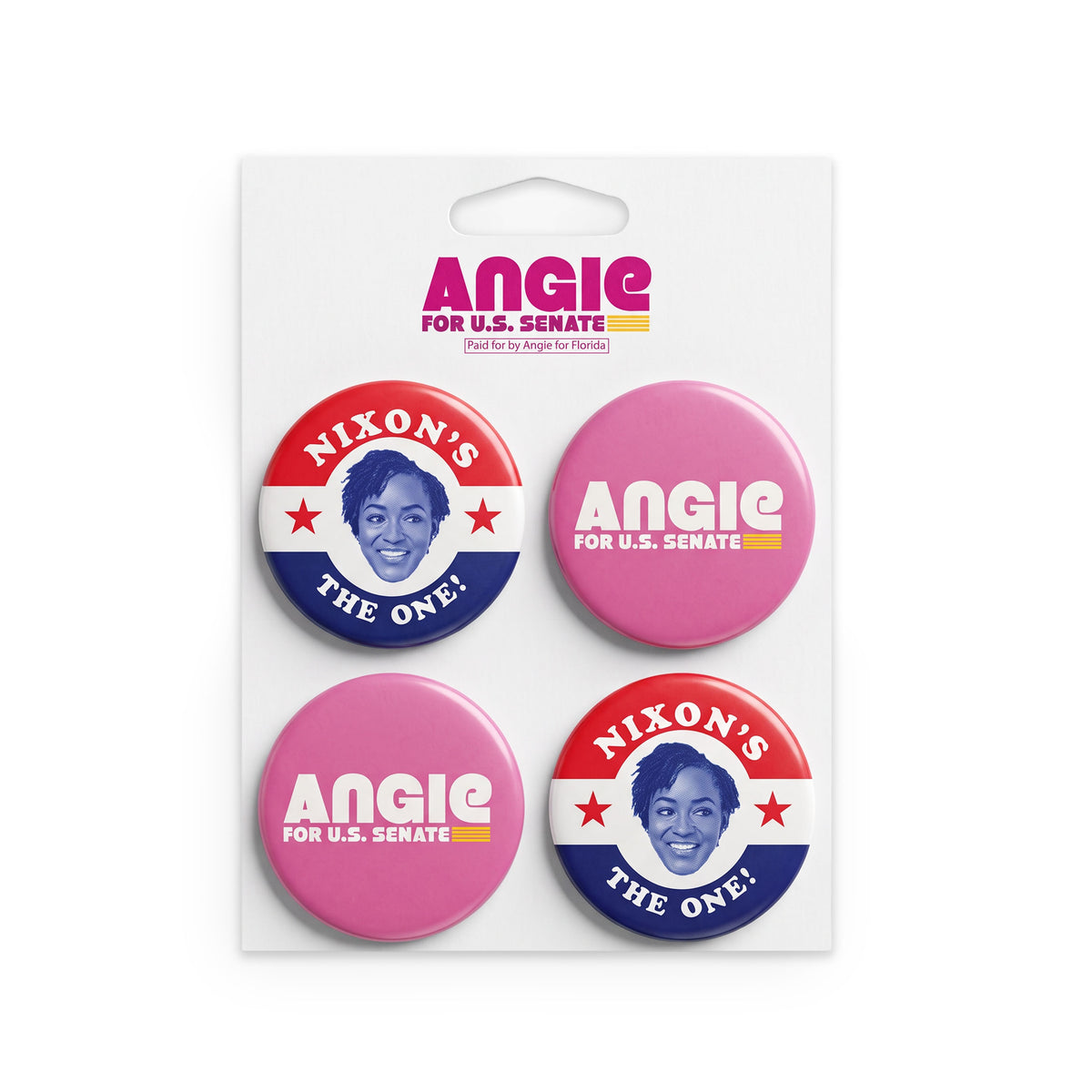 Four round campaign buttons on a white card, in red, pink, and navy with Angie and Nixon designs.