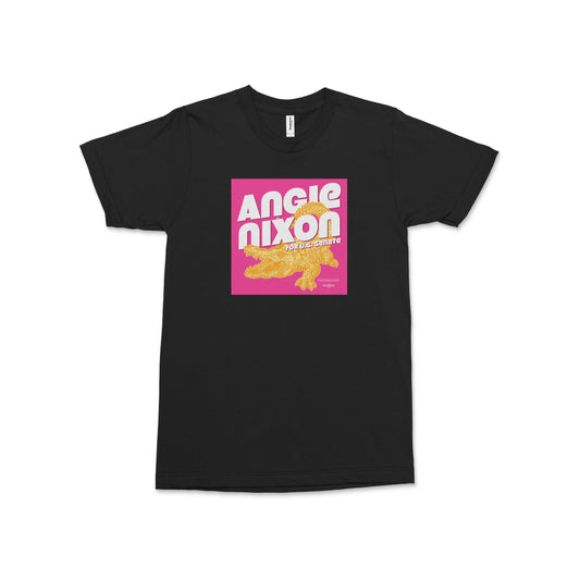 Black unisex T-shirt with a bright pink-and-yellow Angie Nixon graphic centered on the chest.