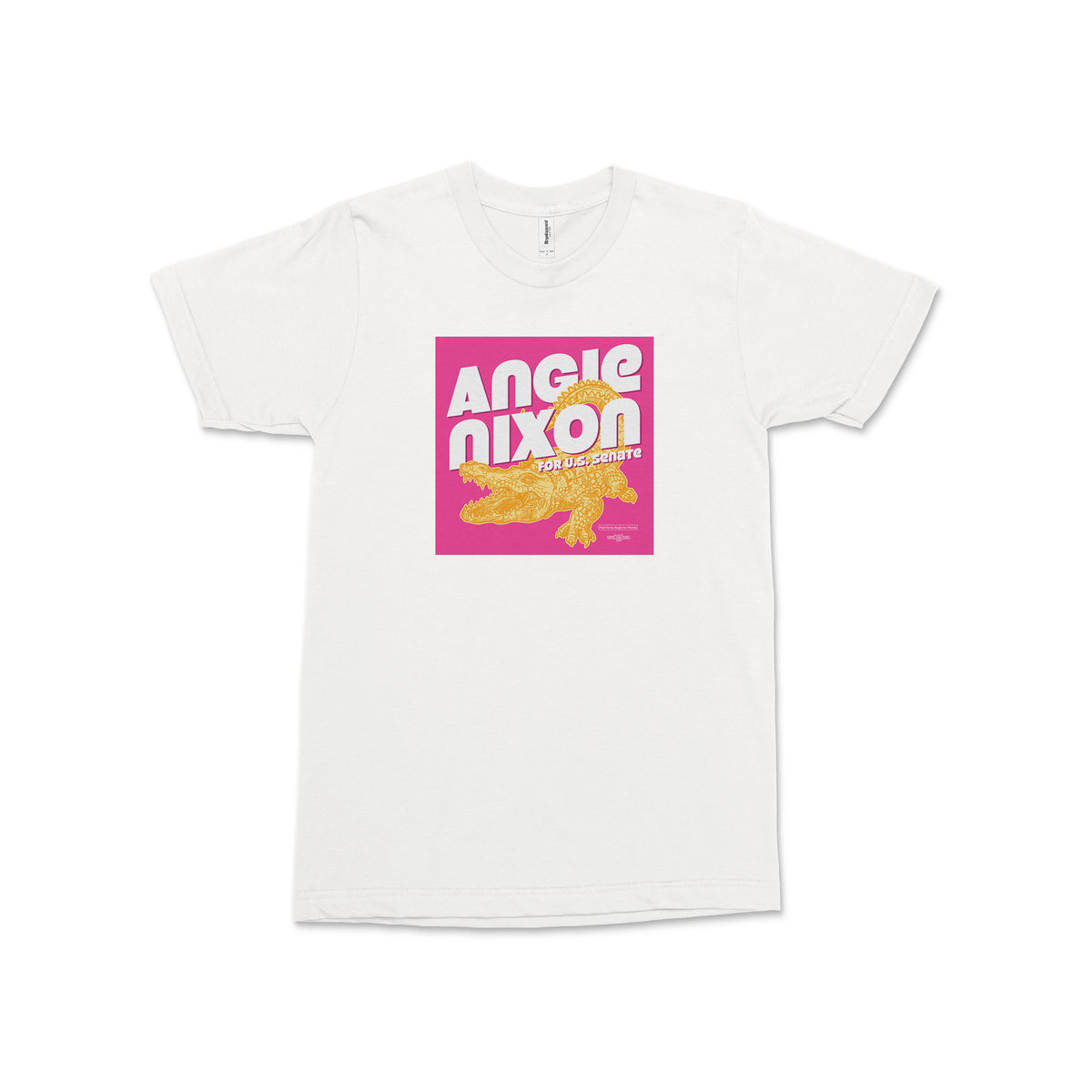 White unisex T-shirt with a bright pink Angie Nixon graphic and yellow Florida Gator illustration on the chest.