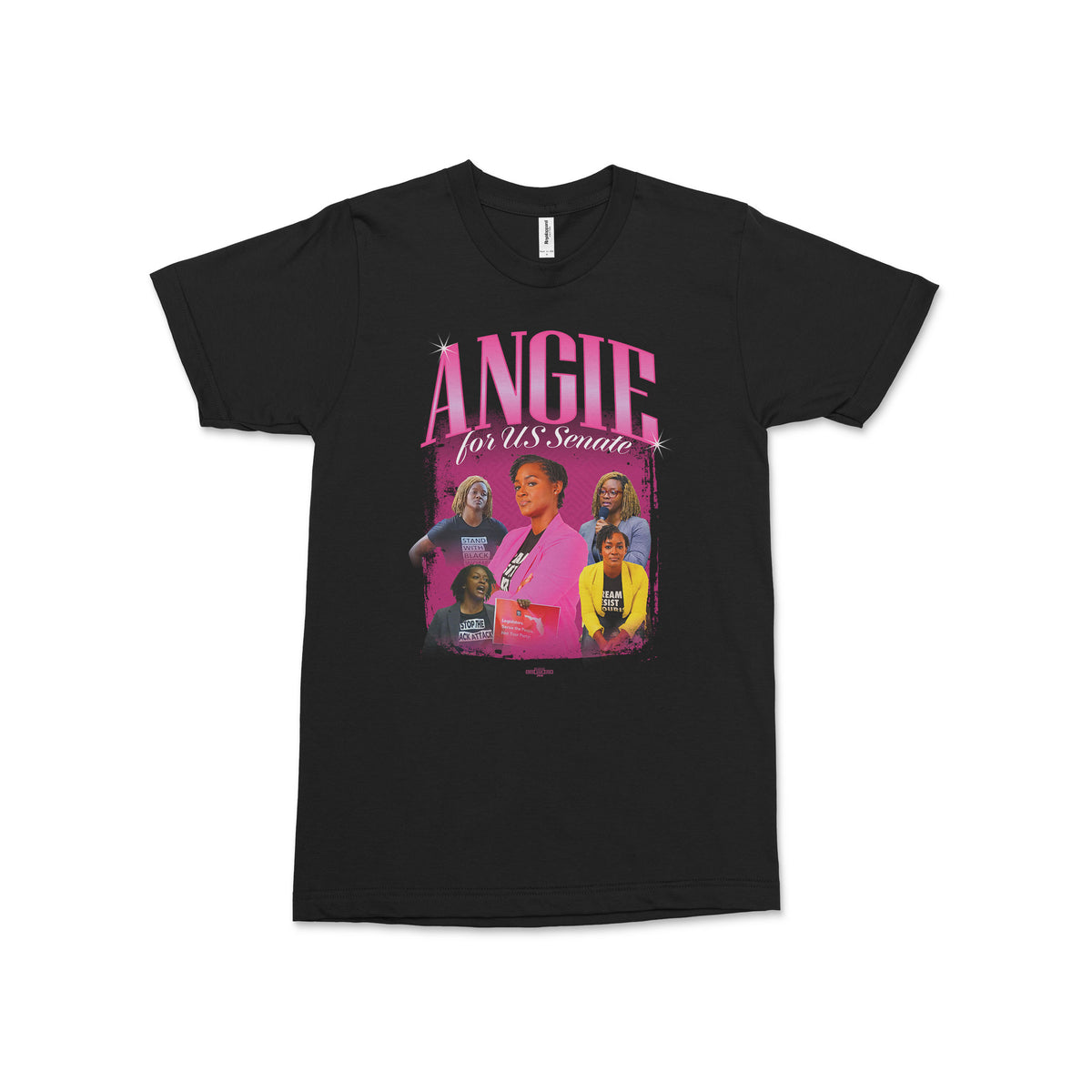 Black cotton short-sleeve tee featuring colorful graphic of women and pink text "ANGIE For US Senate" on front.
