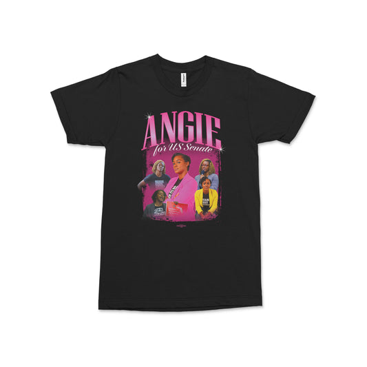 Black cotton short-sleeve tee featuring colorful graphic of women and pink text "ANGIE For US Senate" on front.