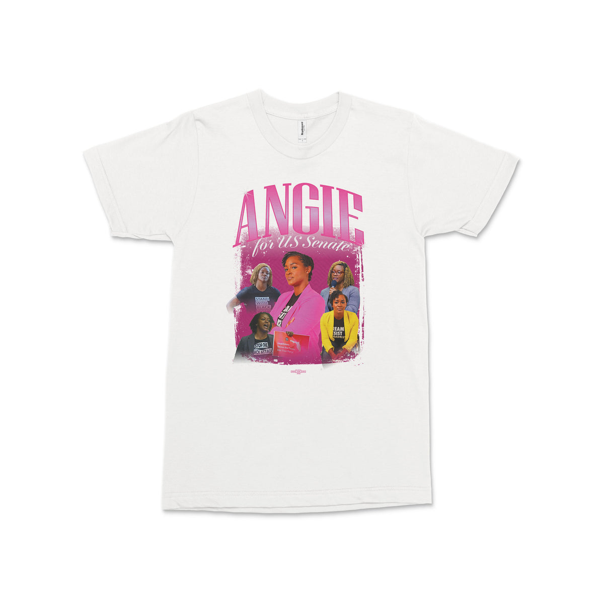 White short-sleeve cotton tee with colorful graphic of a woman in pink and text "ANGIE For US Senate" on front.
