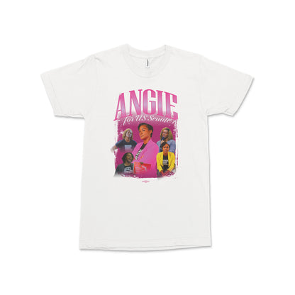 White short-sleeve cotton tee with colorful graphic of a woman in pink and text "ANGIE For US Senate" on front.