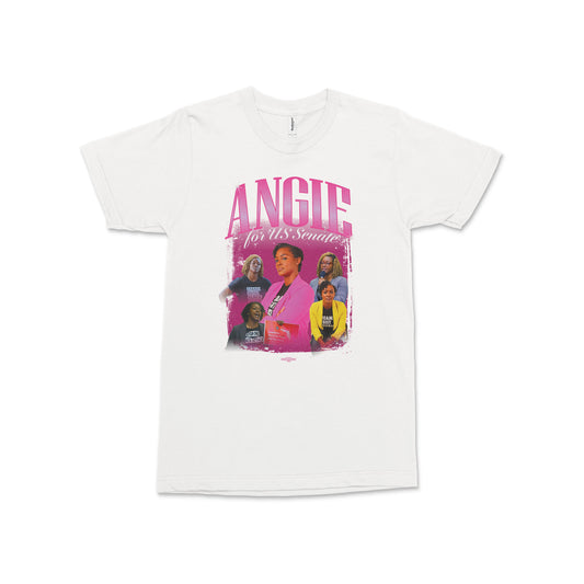 White short-sleeve cotton tee with colorful graphic of a woman in pink and text "ANGIE For US Senate" on front.