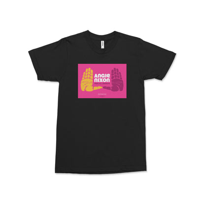 Black unisex cotton tee with a bright pink and yellow “Angie Nixon” United We Rise campaign graphic.
