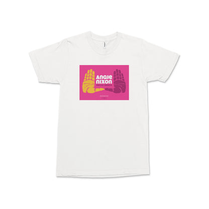 White unisex T-shirt with a pink-and-yellow Angie Nixon campaign graphic and “United We Rise” text.