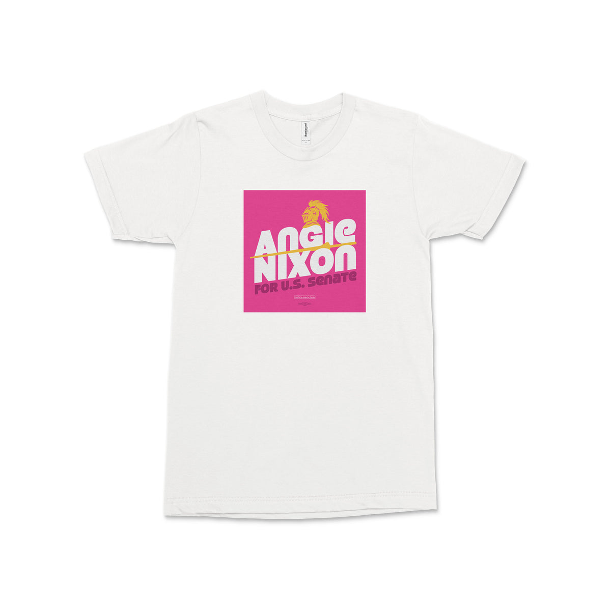 White unisex T-shirt with a bright pink square Angie Nixon for U.S. Senate graphic on the chest.