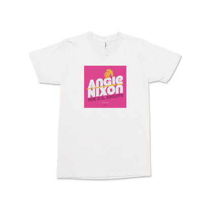 White unisex T-shirt with a bright pink square Angie Nixon for U.S. Senate graphic on the chest.