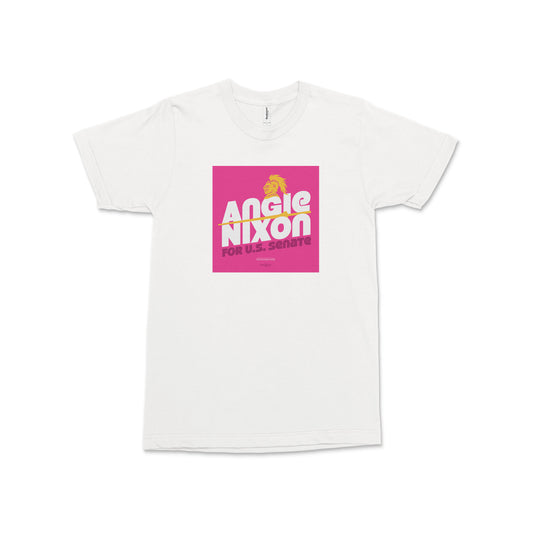 White unisex T-shirt with a bright pink square Angie Nixon for U.S. Senate graphic on the chest.
