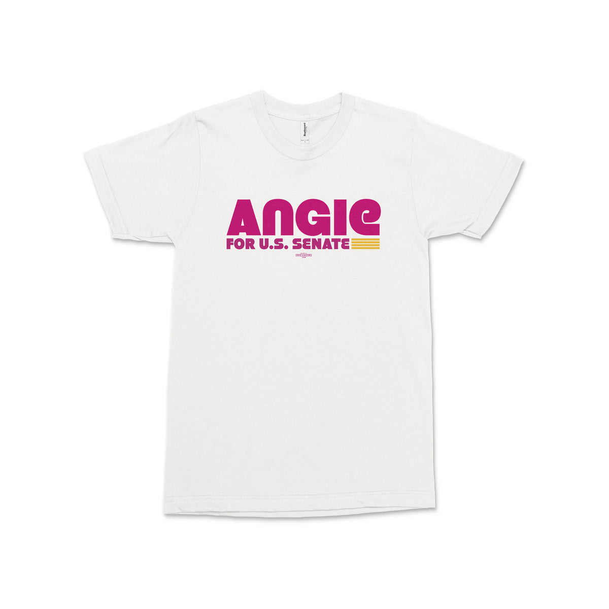 White short-sleeve cotton tee with purple and gold “ANGIE FOR U.S. SENATE” graphic centered on chest.