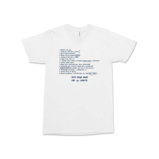White crewneck T-shirt with blue handwritten-style text and a small logo centered on the front.