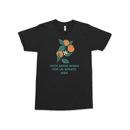 Black short-sleeve cotton T-shirt with green and orange citrus graphic and "Vote Angie Nixon for US Senate" text.