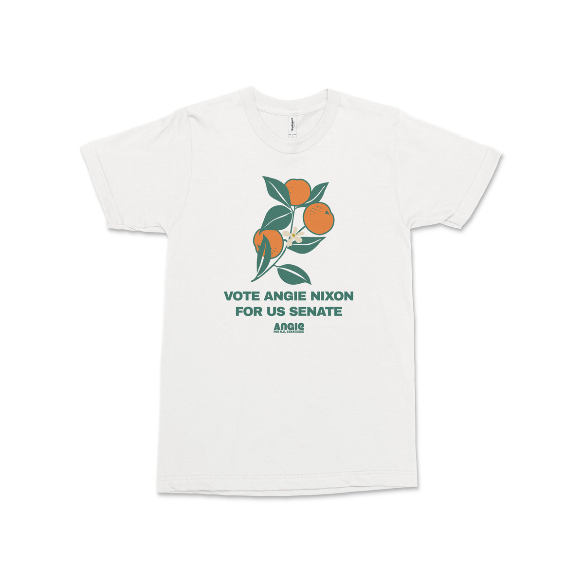 White short-sleeve cotton tee with green and orange graphic of oranges and text "Vote Angie Nixon For US Senate Amen" on.