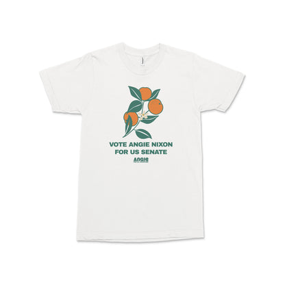 White short-sleeve cotton tee with green and orange graphic of oranges and text "Vote Angie Nixon For US Senate Amen" on.
