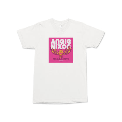 White unisex T-shirt with a bright pink Angie Nixon campaign graphic and soaring owl design on the chest.
