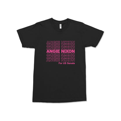 Black crew neck tee with bold pink "Angie Nixon for U.S. Senate" text centered on front.