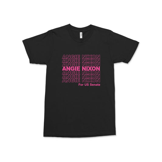 Black crew neck tee with bold pink "Angie Nixon for U.S. Senate" text centered on front.