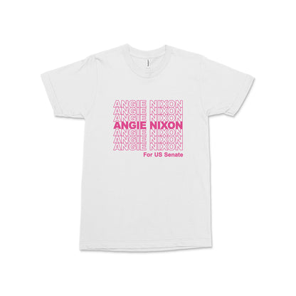 White t-shirt with bold pink text spelling Angie Nixon repeatedly and "ANGIE NIXON for U.S. Senate" on front.