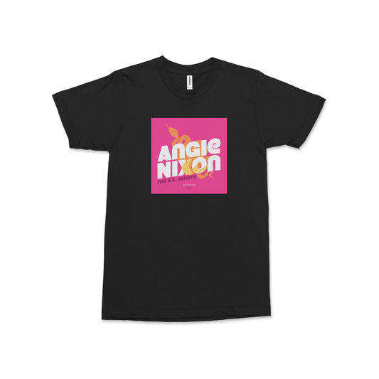 Black unisex T-shirt with a bright pink square graphic reading “Angie Nixon” in bold white and yellow lettering.