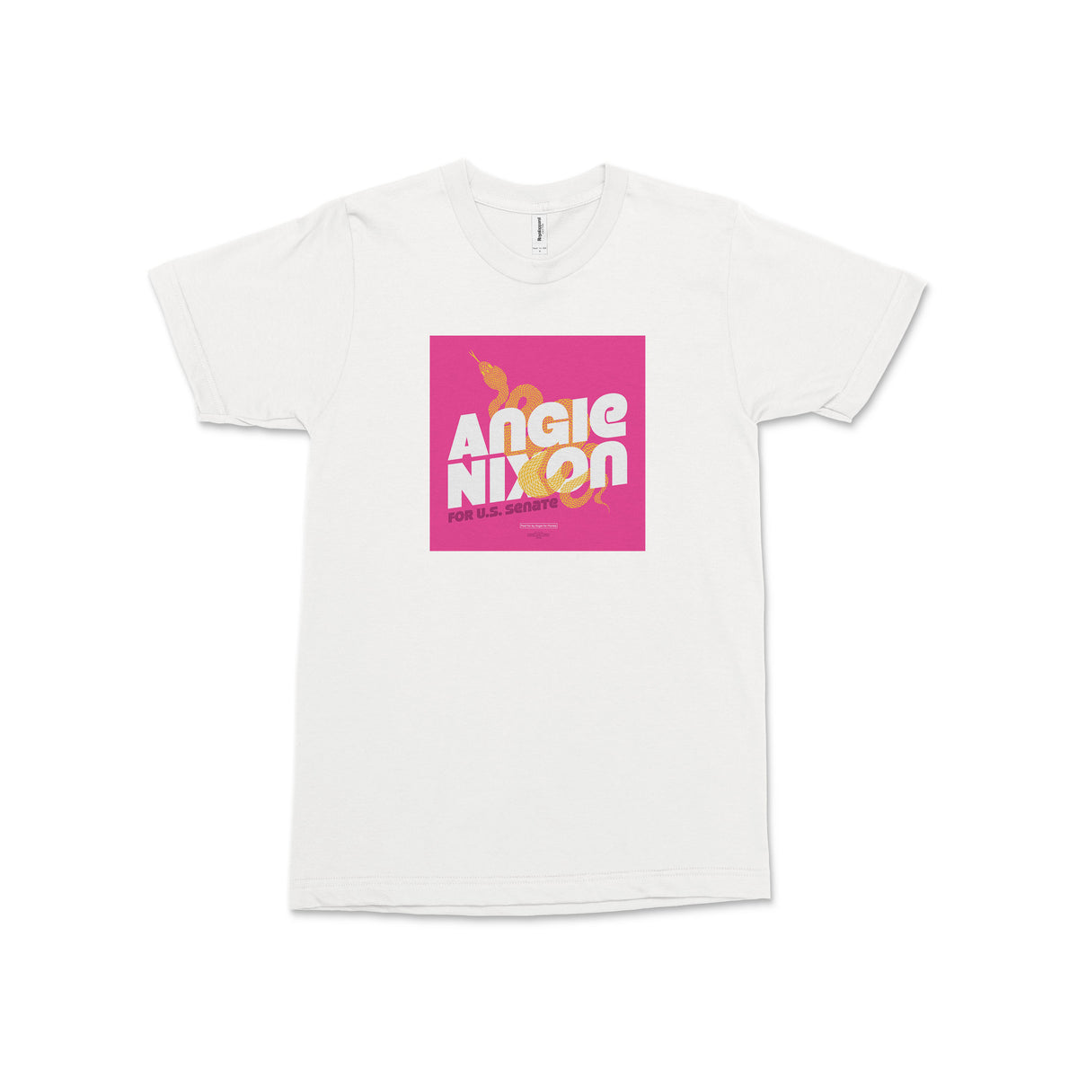 White unisex crew-neck tee with a bright pink square graphic reading “Angie Nixon” in bold white and yellow lettering.