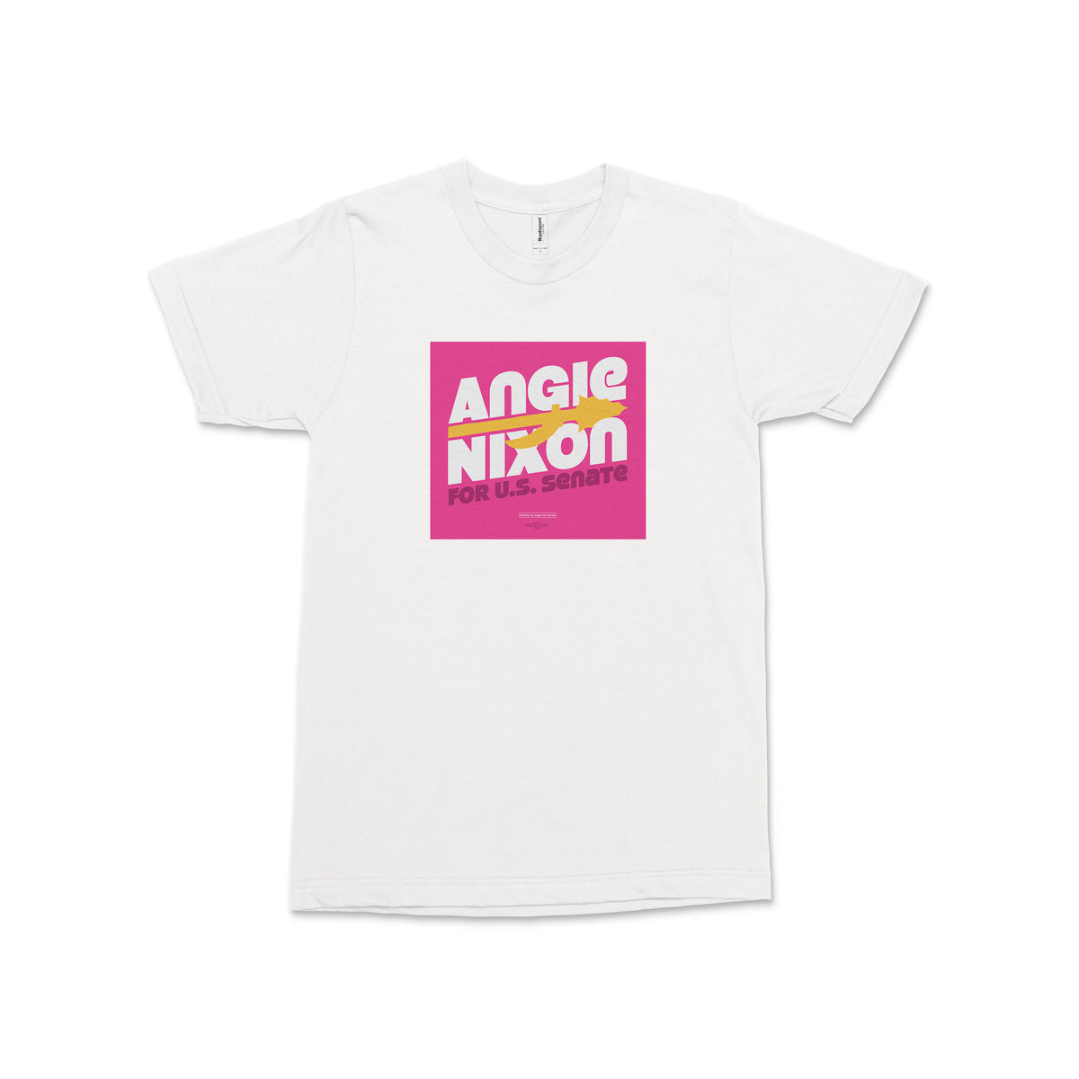 White unisex crew-neck T-shirt with a bright pink square Angie Nixon graphic on the chest.