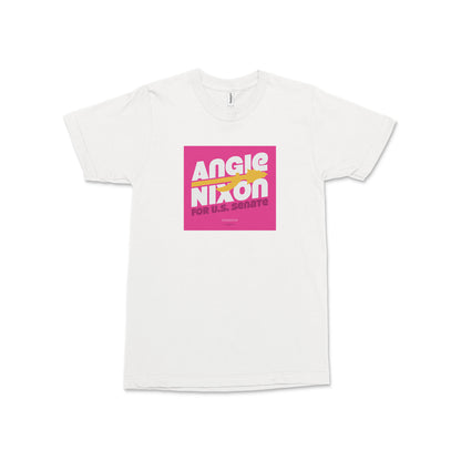 White unisex crew-neck T-shirt with a bright pink square Angie Nixon graphic on the chest.