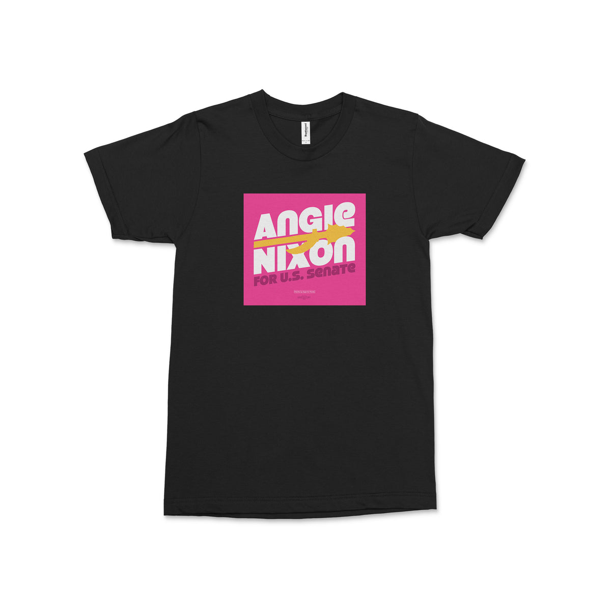 Black unisex crew-neck T-shirt with a bright pink square Angie Nixon for U.S. Senate graphic on the chest.