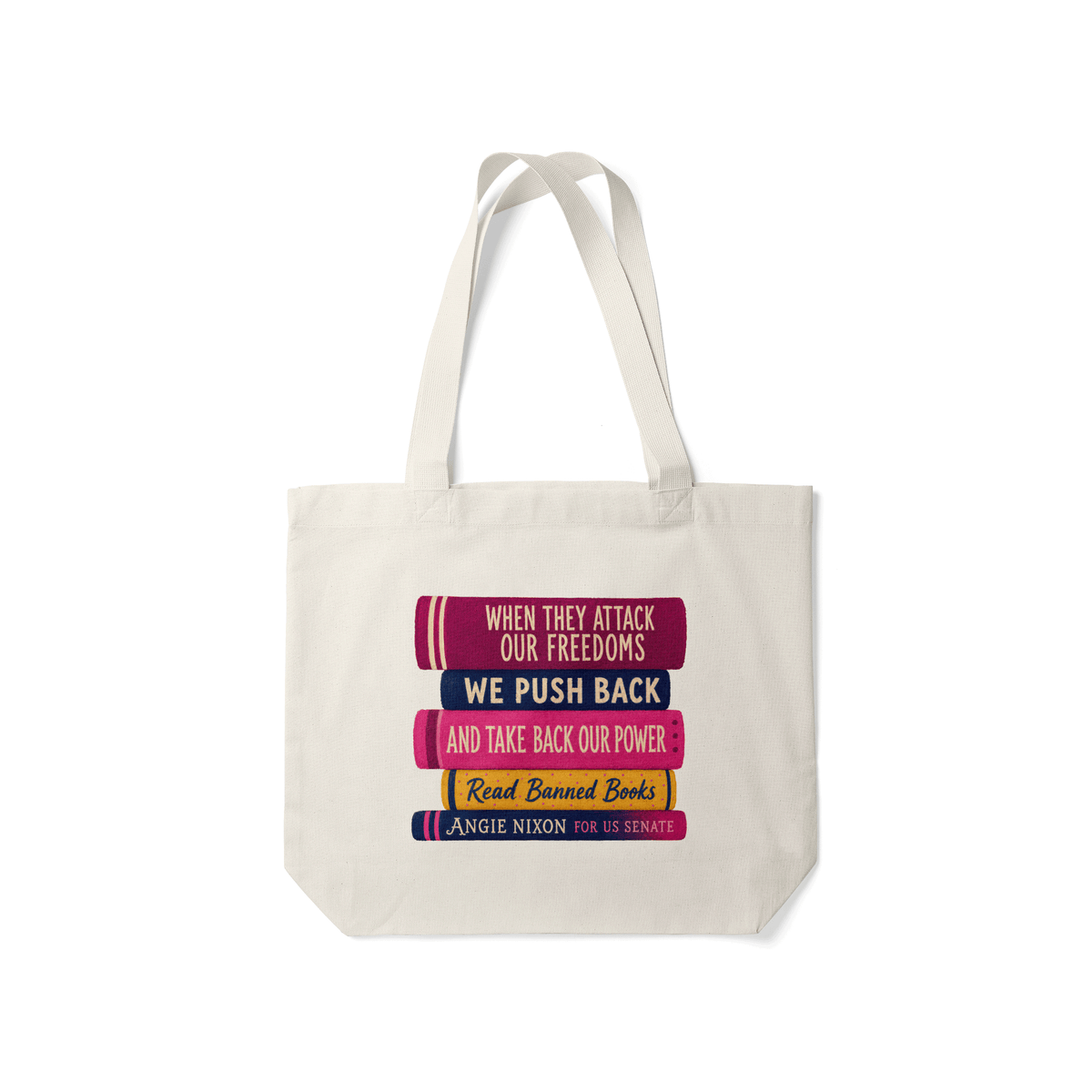 Natural cotton tote bag with long handles, featuring bold text in red, white, yellow, and purple promoting Angie Nixon for.